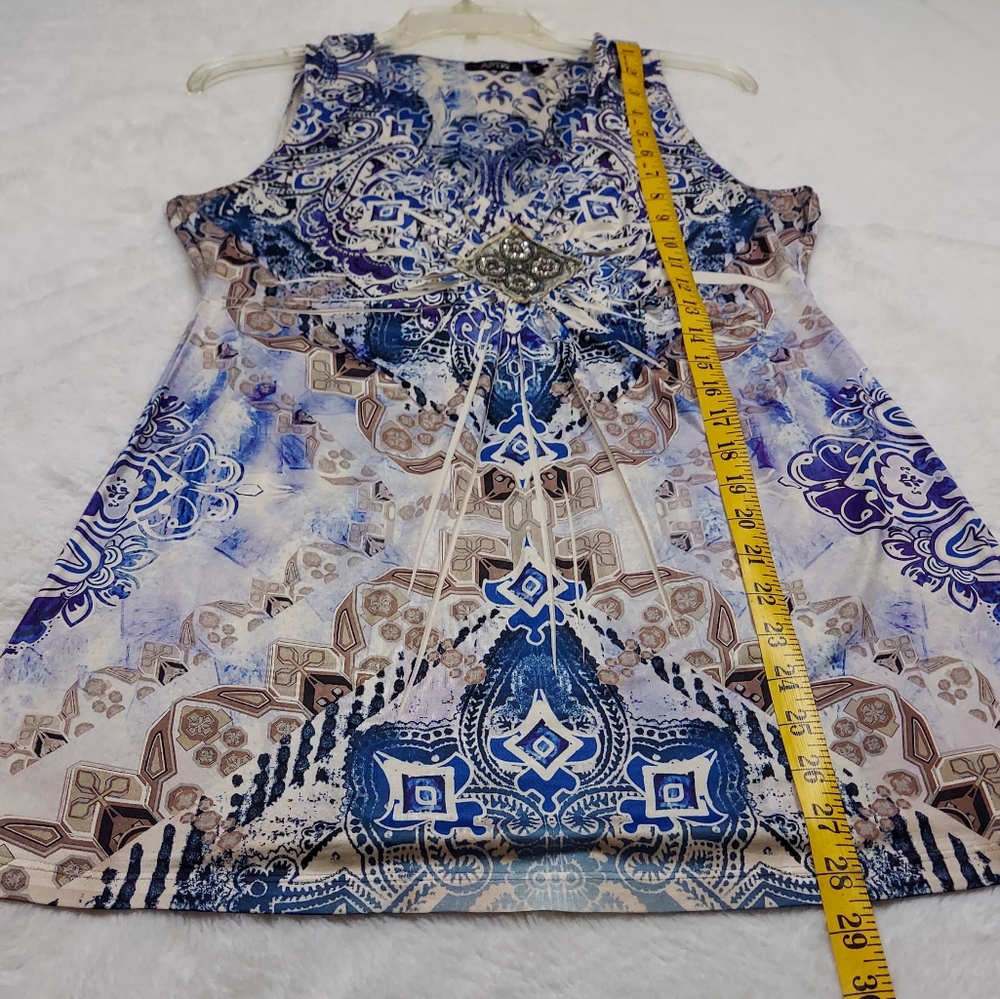 Apt. 9 Blue Cream Tan Design Beaded Detail Sleeveless Stretch Tunic Blouse Sz S - Picture 5 of 9